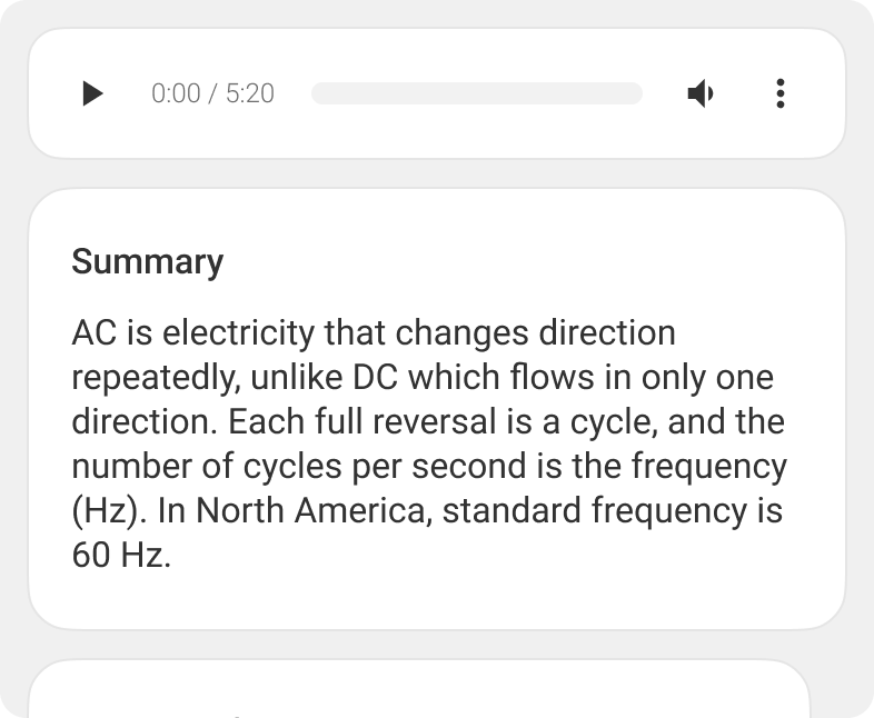 Competency study page with an audio player for the text-to-speech version above a plain-language summary of alternating current.