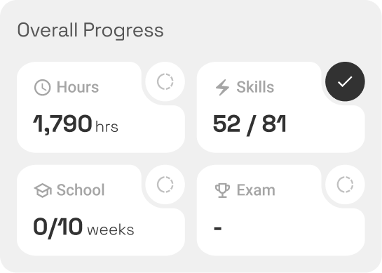 Overall Progress card with four tiles: 1,790 hours, 52 of 81 skills complete, 0 of 10 school weeks and no exam yet.