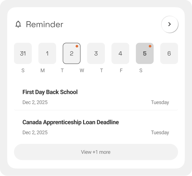 Reminder card with a week calendar and two upcoming items: First Day Back School and the Canada Apprenticeship Loan deadline.