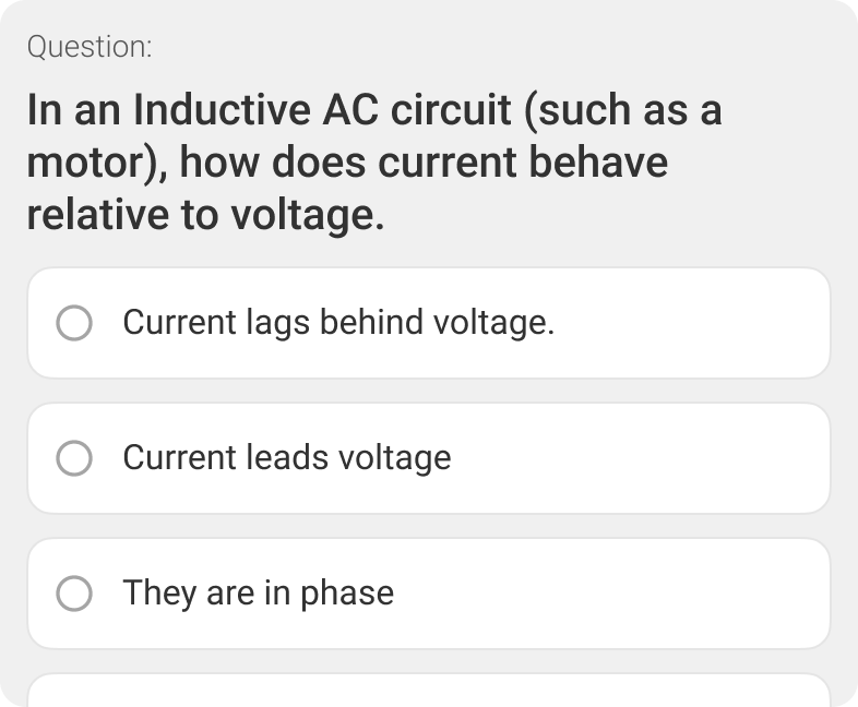 Multiple-choice quiz question asking how current behaves relative to voltage in an inductive AC circuit.