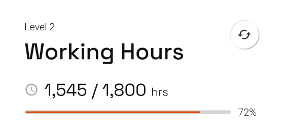 Level 2 Working Hours card showing 1,545 of 1,800 hours logged, with a progress bar at 72%.